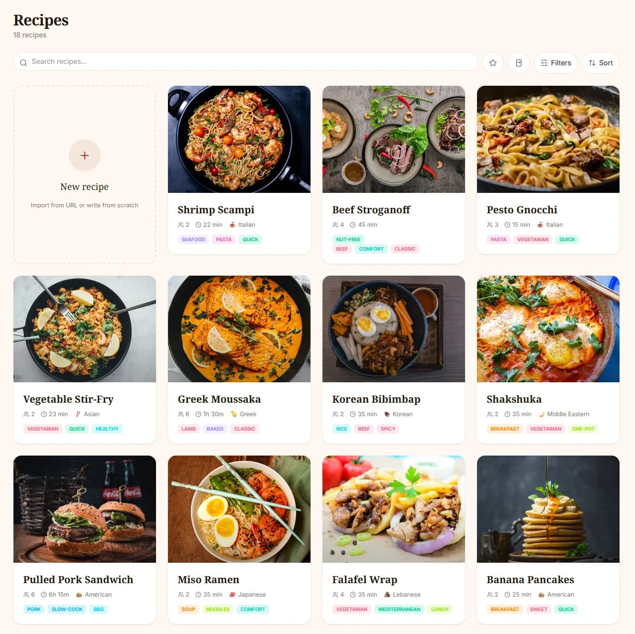 Searly recipe manager showing a grid of recipe cards